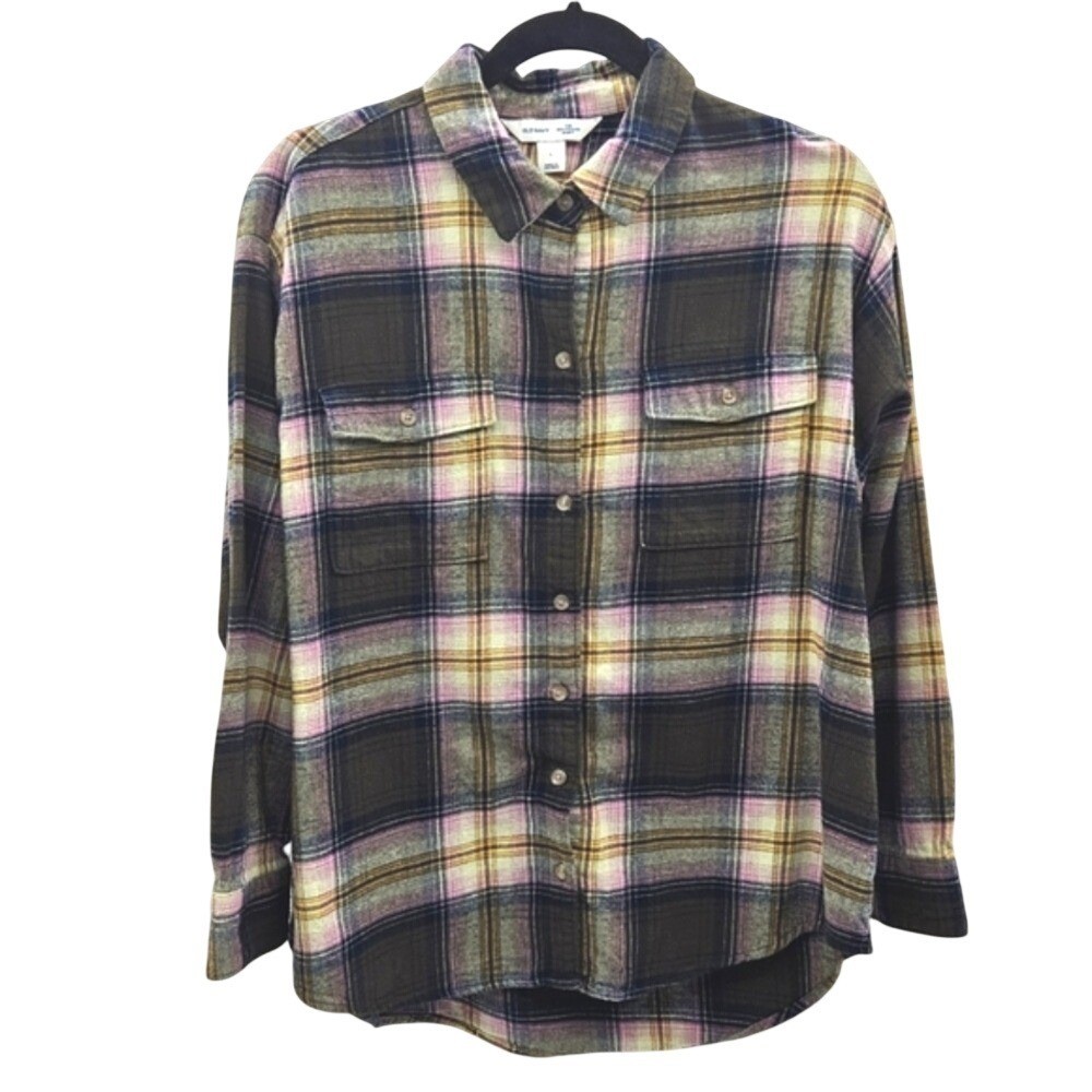 Old Navy Womens Flannel Shirt Plaid Long Sleeve Button Down Olive Green