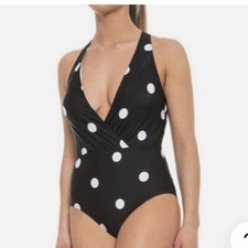 Jantzen Women Black White Polka Dot Swimsuit Size 12 Tummy Control Plunge