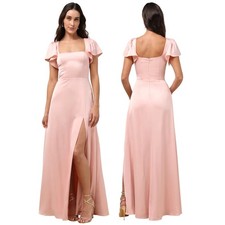 Lulus Ultimate Sweetness Light Pink Satin Flutter Sleeve Maxi Dress size S NWT