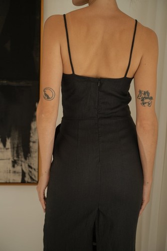 Lu-ciee Black Linen Pencil Dress Minimalist Eco Friendly Beachy Sustainable Sz L - Picture 3 of 9