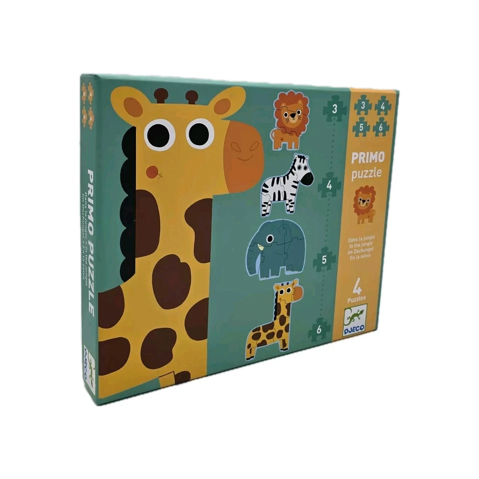 DJECO Primo 4x Puzzle Im Dschungel Tiere 18-teilig 2+ Lernspiel Spielzeug - Bild 1 von 4