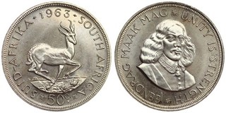 South Africa 50 Cents 1963 Jan Van Riebeeck Springbok Silver