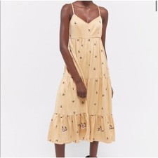 Urban Outfitters Cannes Floral Embroidered Tiered Midi Dress Smocked Yellow Sz L