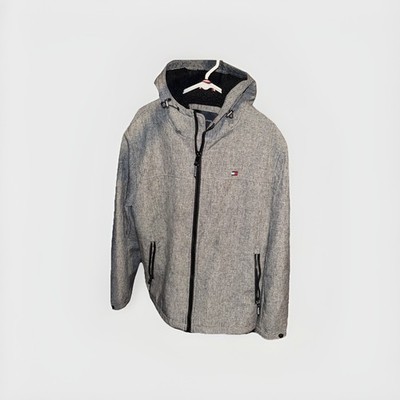 Tommy Hilfiger Jacket Mens XL Gray Hooded ZipUp 3 Pocket Coat Logo Lining Casual