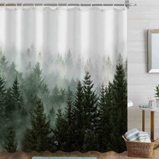 Green Misty Forest Shower Curtain Nature Tree Fabric 12 Hooks 72x72 In Set