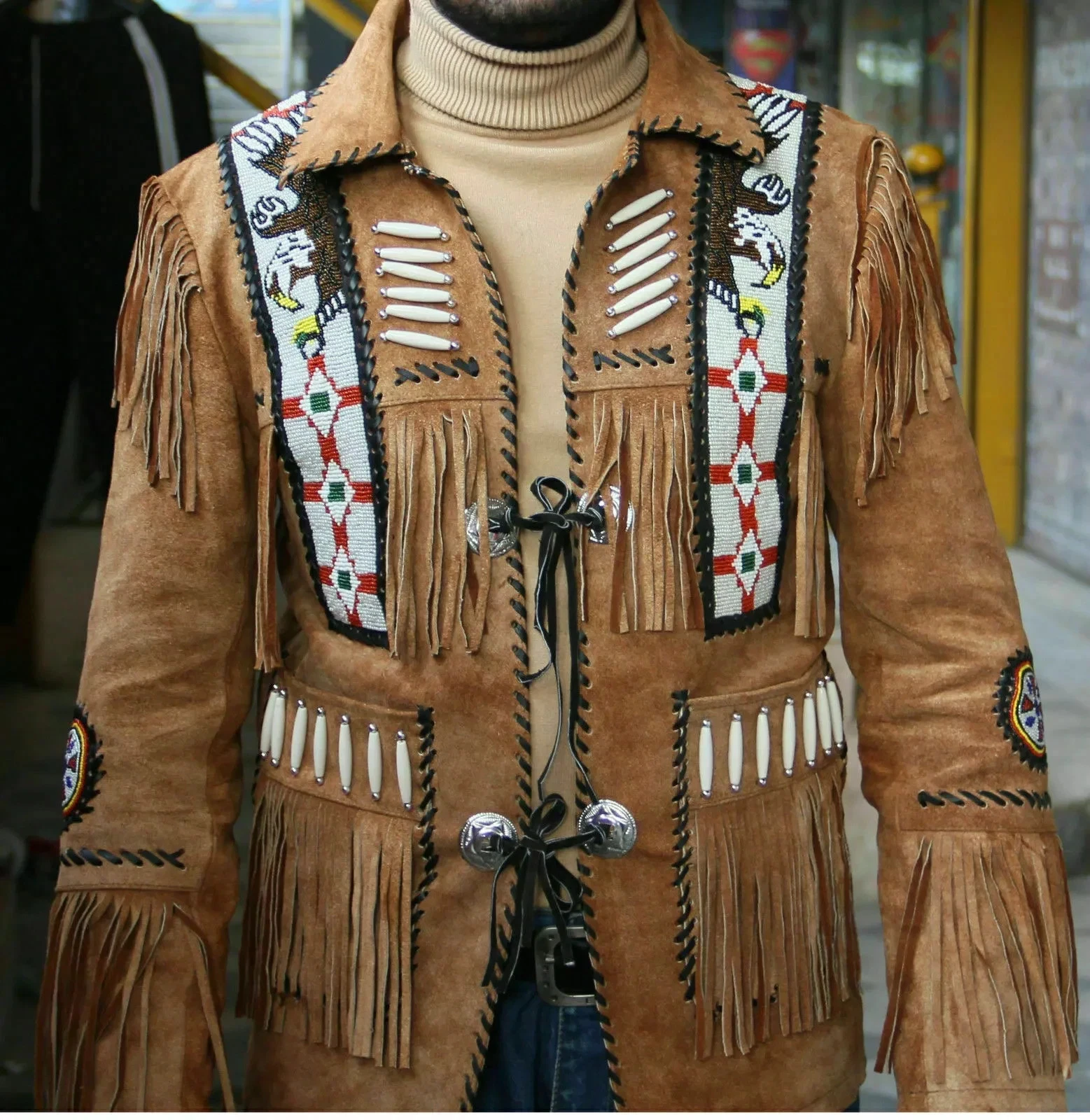 Men Western Native Liberty Engle Cowboy Suede Leather Vintage Jacket With frings