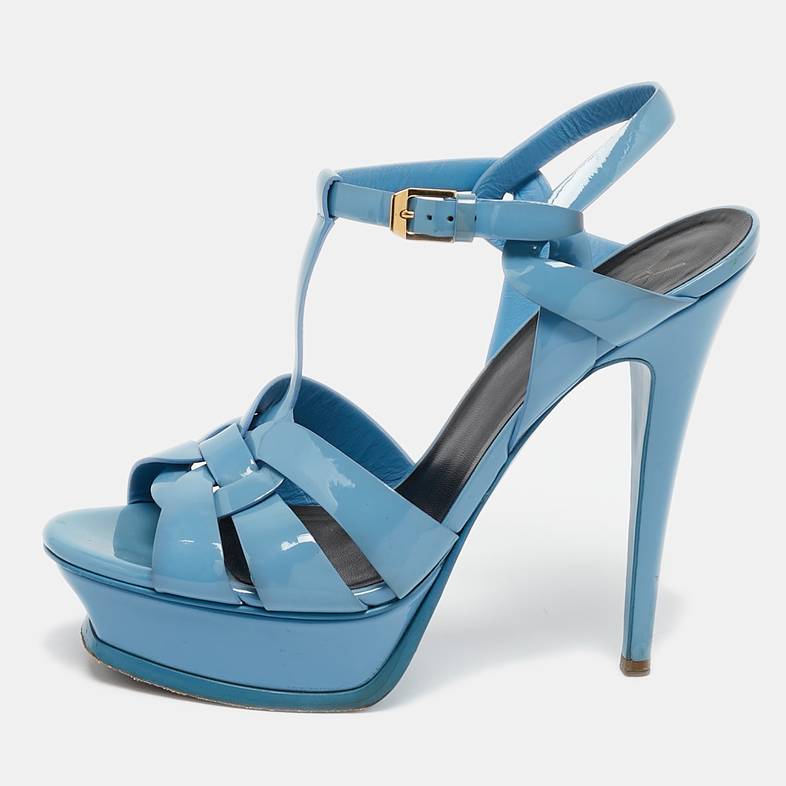 Saint Laurent Blue Patent Leather Tribute Platform Sandals Size 38