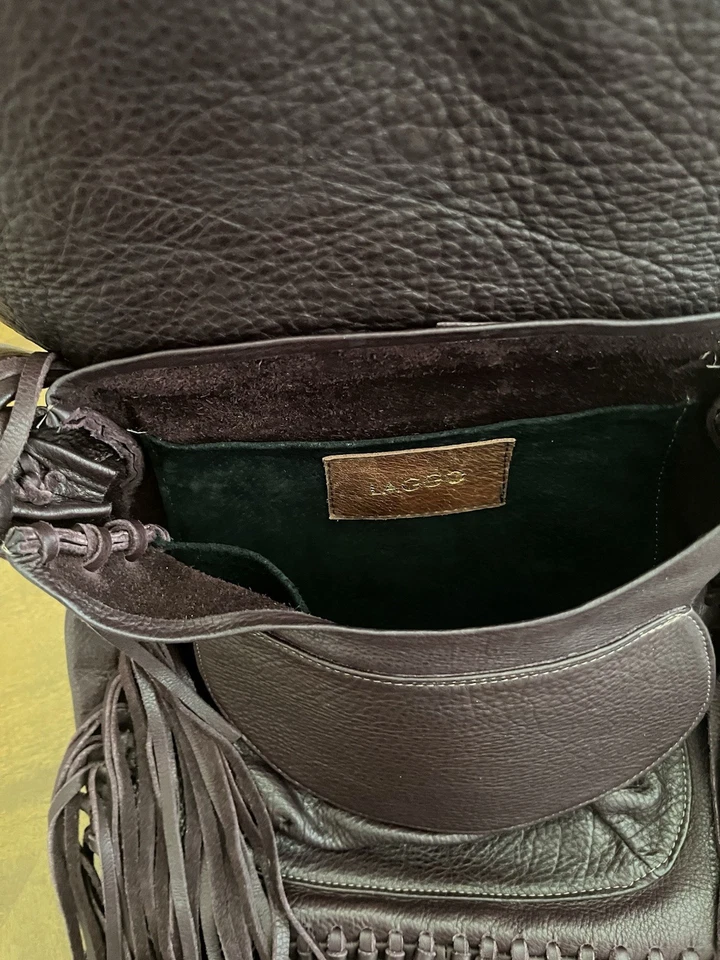 LAGGO Maurice Flap Over Saddle Bag with Fringe In Brown Pebbled Leather $550 EUC - Image 3 of 4