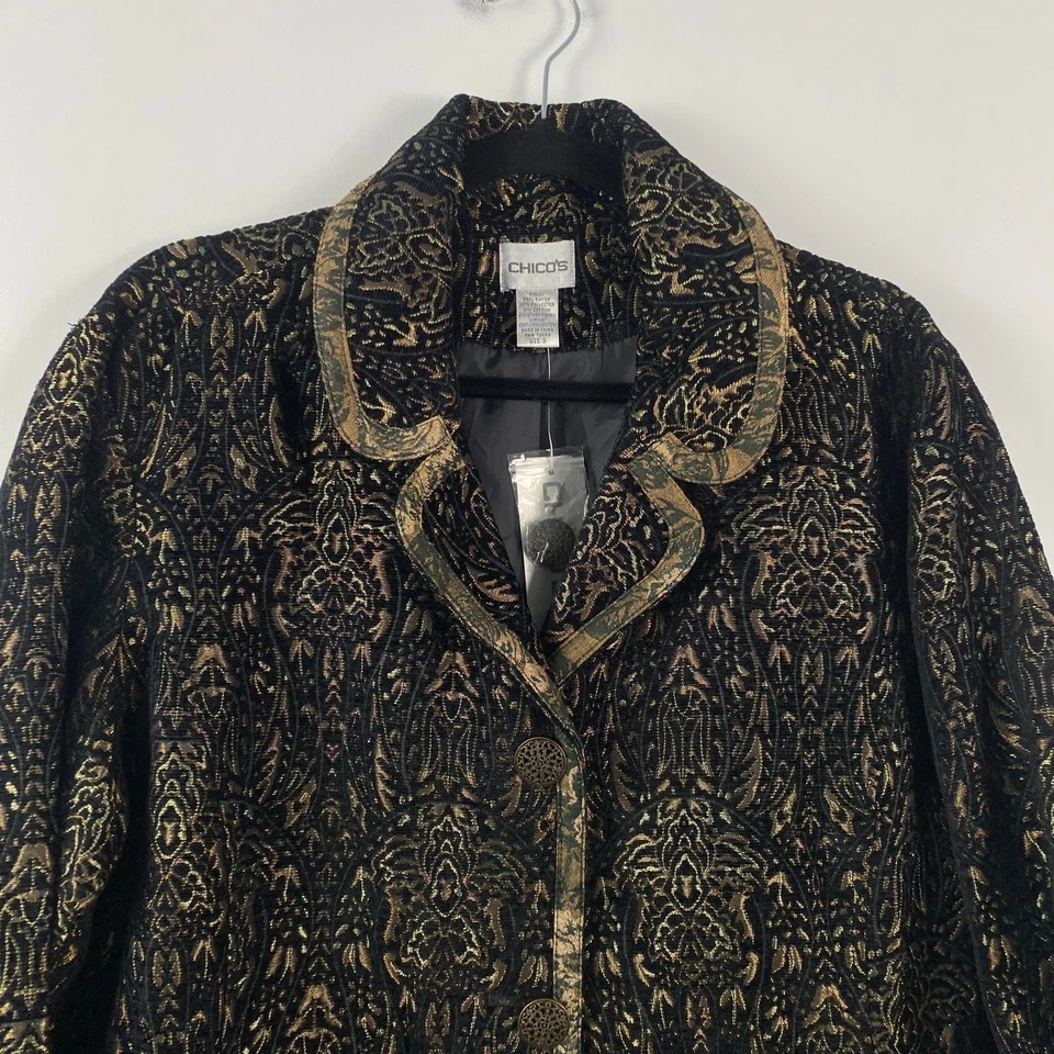 Chicos Jacket Size 3 US XL Black Gold Metallic Lined Brocade Button Front - Image 2 of 4