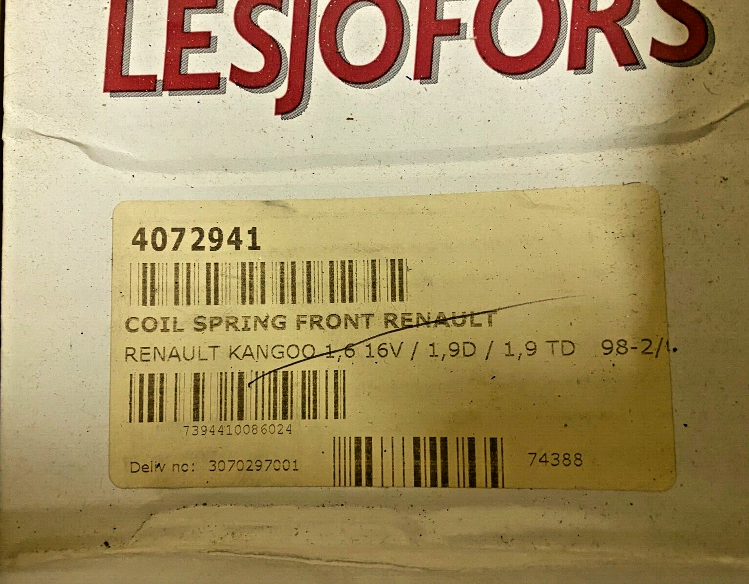 Lesjofors 4072941 Front Coil Spring fits Renault Kangoo 1.6 16v D 65 1.9 1.9 dTi