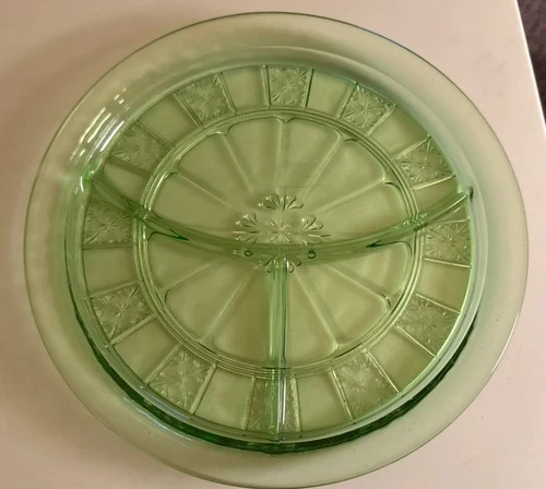 Doric" Pattern - Jeannette Green Depression Glass 9 3/8" Divided Plate Uranium