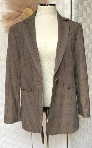 NWOT FRAME Wool Plaid Print Single Button Lined Brown Blazer Size 8 - Picture 12 of 16
