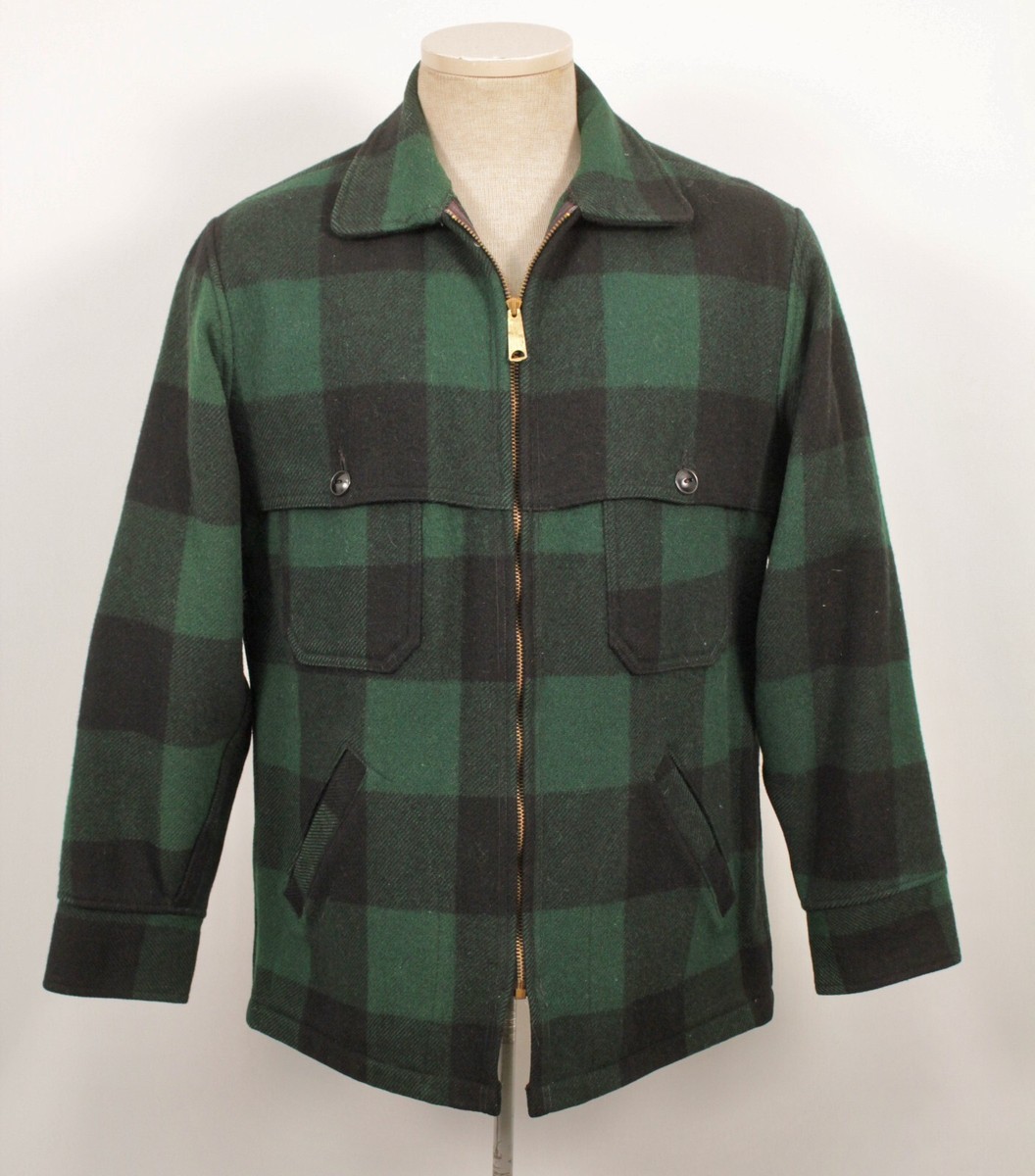 Men's VTG 80s Black & Dark Green Plaid Woolrich Jacket Sz 38 1980s