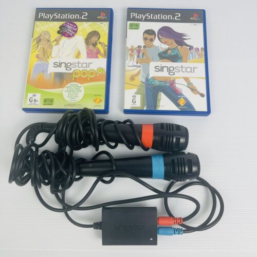 Official PlayStation 2 Microphones set of 2 w/ Adaptor & 2 Singstar Game-PS2 PAL - Bild 1 von 4