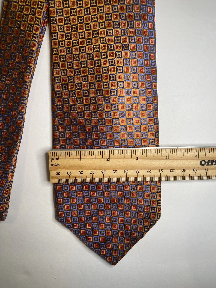 Corbata para hombre Grant Thomas azul y naranja con estampado geométrico 100 % seda Foto 2 de 4