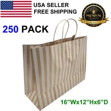 250 Packs Kraft with Stripe Paper Shopping Kraft Retail Gift Bags With Handles