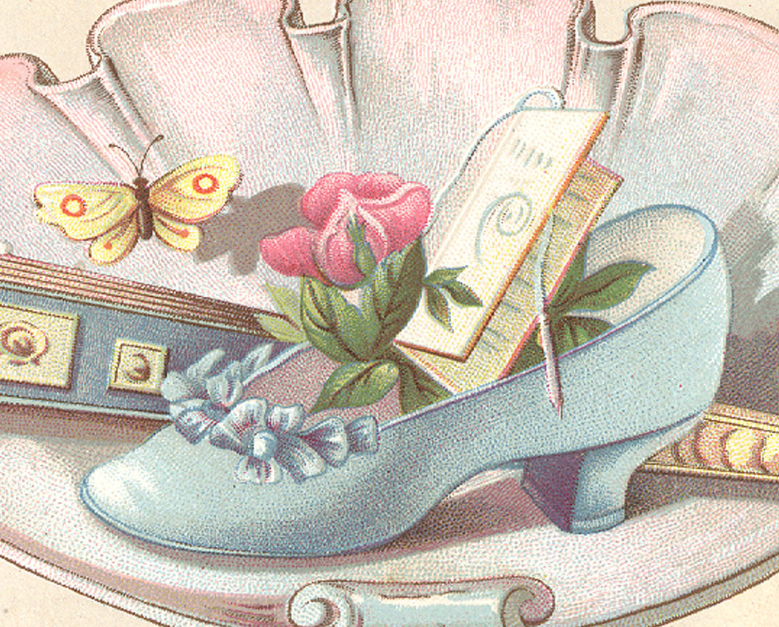 DE WITT IOWA TRADE CARD, SCHLABACH'S SHOE STORE, GIANT SHOE IN SHELL DISH   Z543