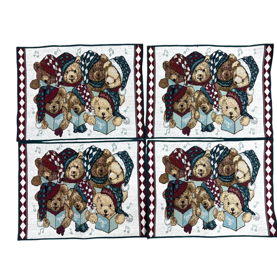 4 Weihnachten Gobelin Tischset Set American Greetings Musical Caroling Bären Neu