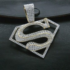 2Ct Round Lab Created Diamond Mens Superman Charm Pendant 14K Yellow Gold Plated