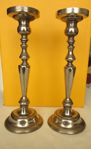 VTG PAIR SILVER PLATE CANDLESTICKS, WITH CANDLE WAX CATCHER INSERTS 12" - Picture 1 of 4