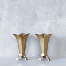 Vintage pair of cast brass inscribed tri footed vases vessels