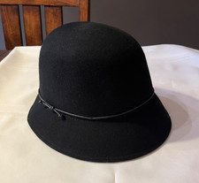Nine West Black Wool Cloche Dress Hat with Faux Leather Tie Accent Women's OS