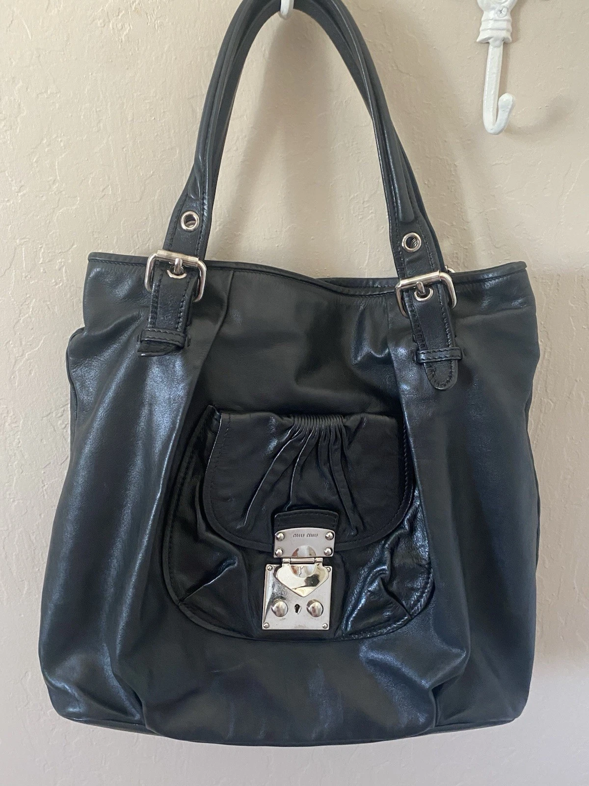 Miu Miu — Authentic MIU MIU Logos 2Way Shoulder Bag Leather Black Silver Italy 66MC631
