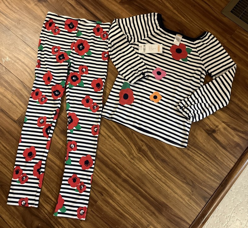 Gymboree NWT Girls 7/8  9 L/S Poppies On Navy blue Striped Shirt + Leggings NEW