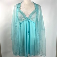 Vintage Aqua Blue Sheer Babydoll Peignoir Matching Lace Trim Chiffon Robe Set