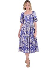 Vince Camuto Floral-Print Puffed Elbow Sleeve Dress Women's Size 14 White/Blue