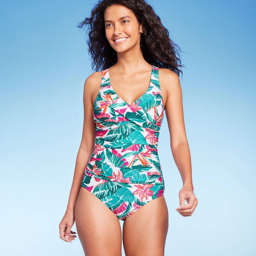 Kona Sol Women's One Piece Swimsuit Swimwear Tummy Control Tropical Front Wrap