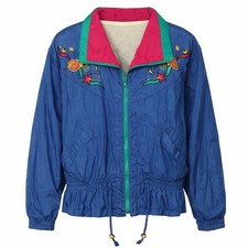 Vintage 80s Petite Small Windbreaker Jacket Blue Pink Embroidered Retro 80s P/S