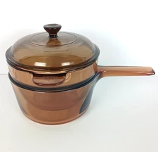 VISIONS Corning Ware Amber 1.5L Double Boiler Sauce Pan Pyrex Lid Set 