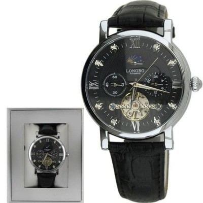 Longbo Men's Automatic Watch with Leather Strap - Silver/Black