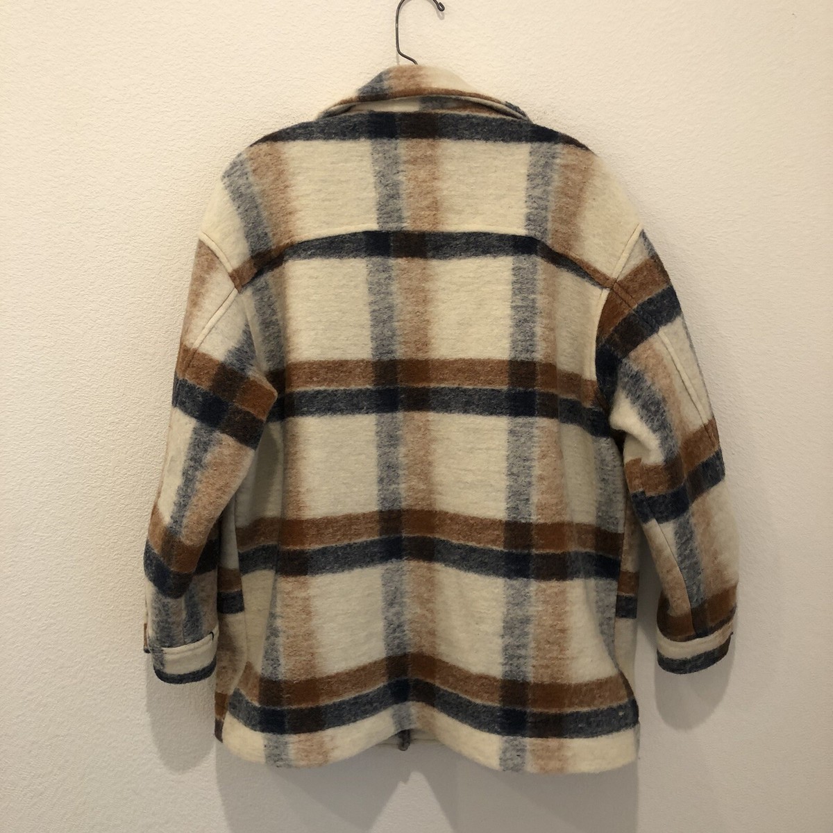 Zara Oversized Wool Blend Plaid Shirt Jacket Cream Brown