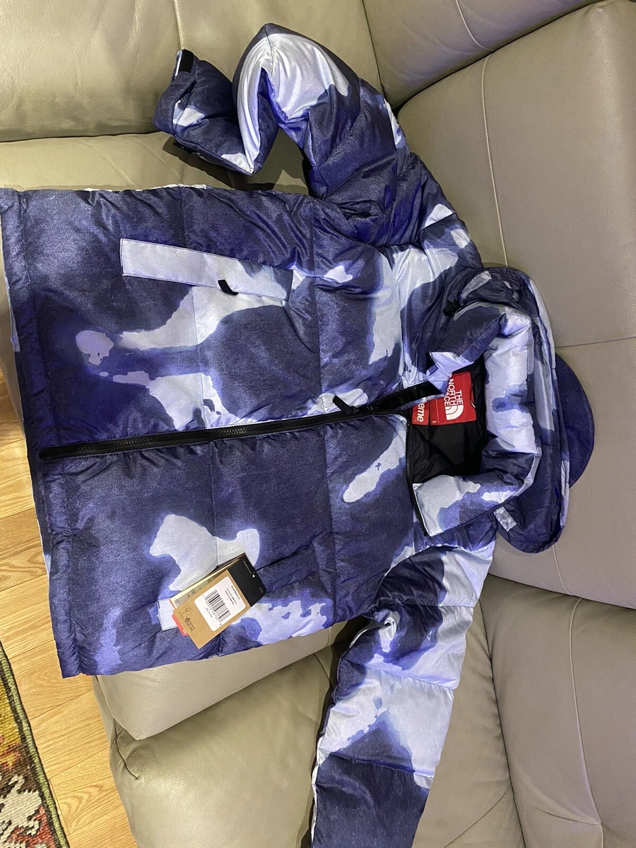 Supreme TNF Bleached Denim Print Nuptse Jacket