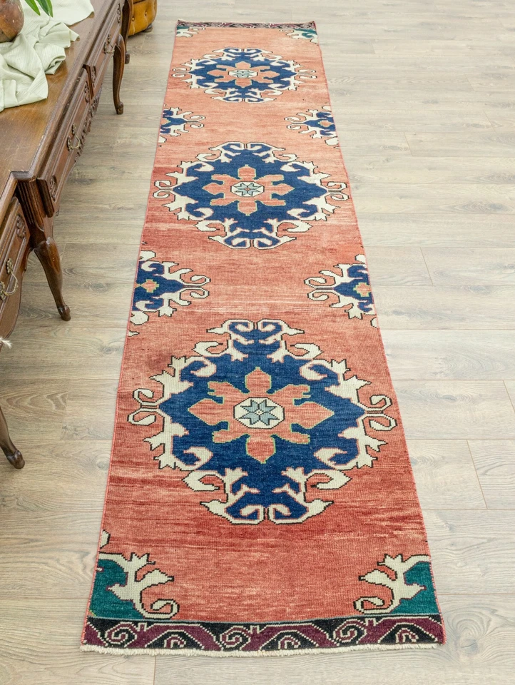 Turkish Oushak Runner 2.6x10.3 ft – Burnt Apricot & Indigo – Tribal Hallway Rug - Image 4 of 4