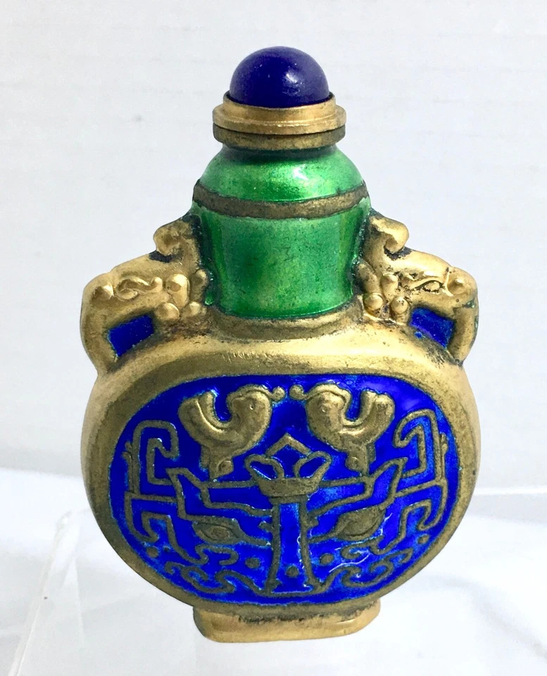 Antique Chinese Brass and Enamel Snuff Bottle w/ Lapis Lazuli Gem Top - Image 4 of 4