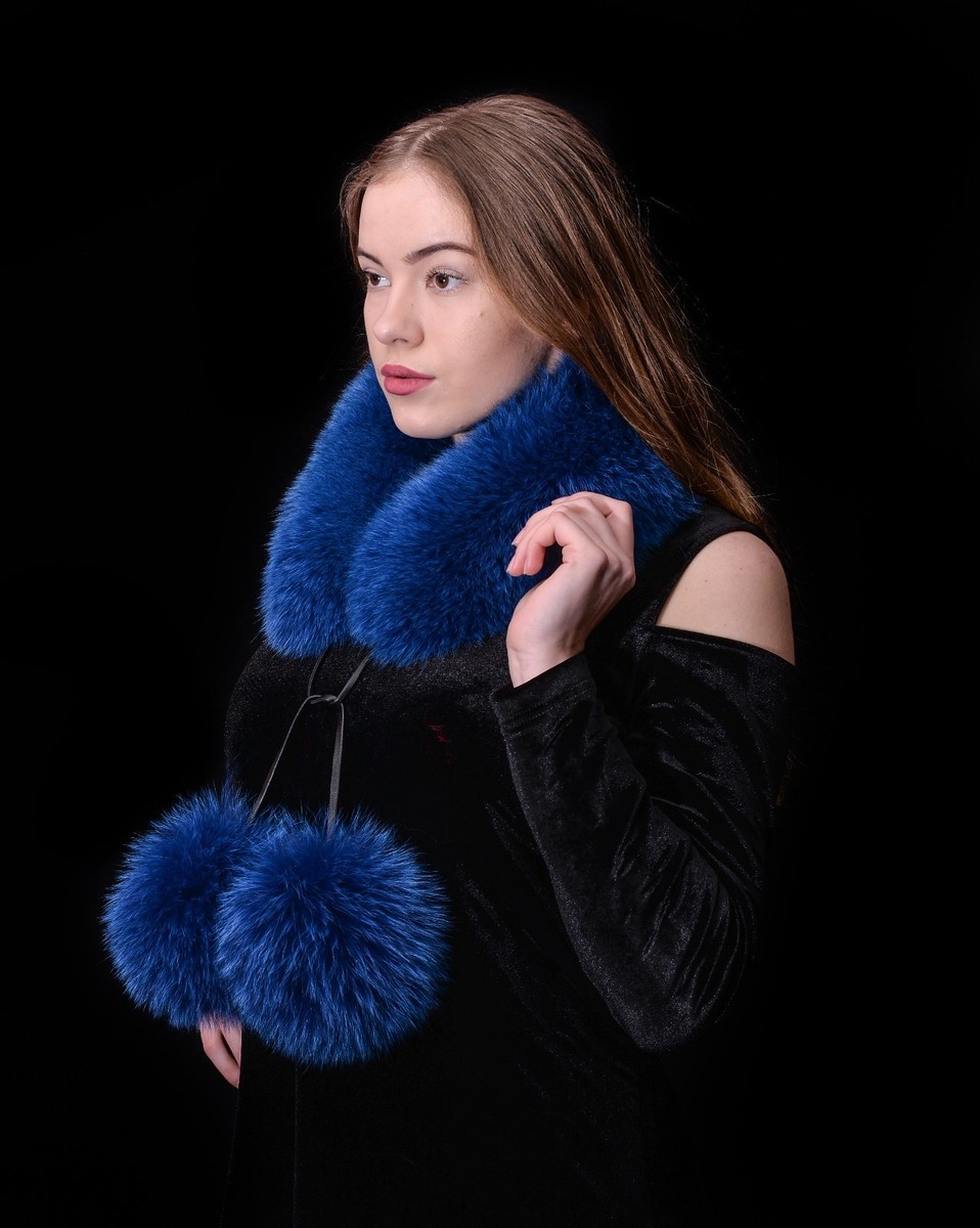 Saga Furs Blue Fox Fur Handmade Scarf Collar + Huge Pom Pom | eBay
