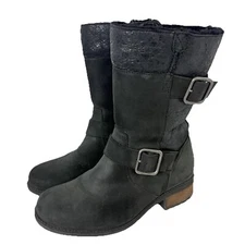 Ugg Womens Oregon Snow Boots Black Leather Side Zip Size 6 Winter Gorpcore Warm