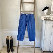 44 inch waist Vintage French Pants 1930s work wear faded blue denim suspender b