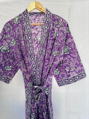 Cotton Kimono Robe Dressing Gown, Block Print Bridesmaid Robe, Summer Nightwear, - Picture 3 of 7