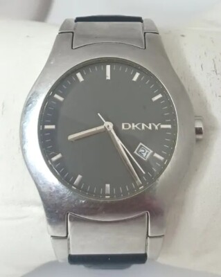 Vintage Men Dkny Watch Ny3105 Silver Steel Case Leather Band Black