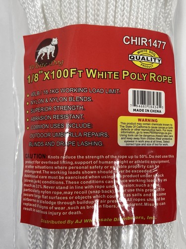 White Poly Tie Down Rope 100 feet x 1/8" Thick - Picture 4 of 4