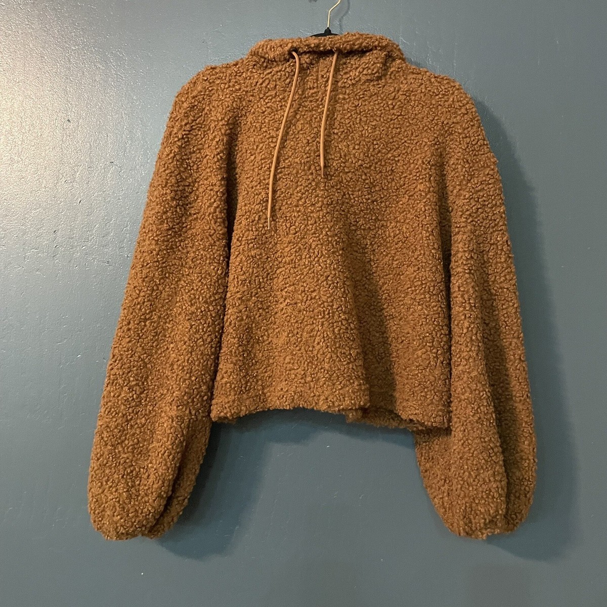 Shein Brown Drawstring Oversized Cropped Teddy Hoodie Size XL