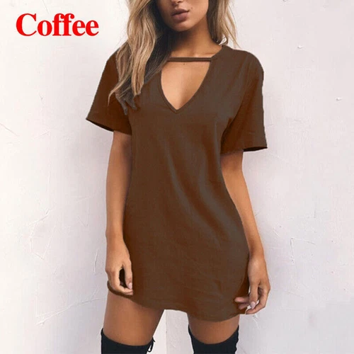 Damen T-Shirt Kleid V-Ausschnitt Sommerkleid Kurzarm Boho Strand Sommerkleid - Bild 8 von 49