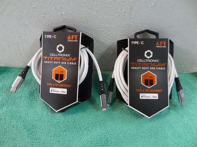 2X CELLTRONIX 6 Ft heavy duty USB Type C to Lightening Connectors Cable WHITE
