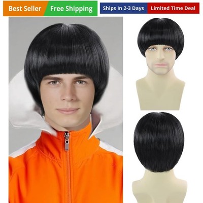 Black Mushroom Wig for Men Women Unisex Synthetic 60s Bowl Cut Wig with Bangs...
