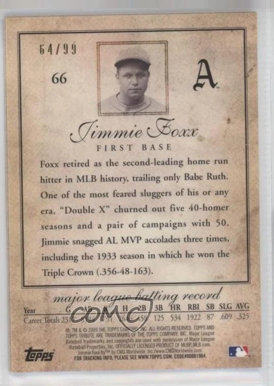 2009 Topps Tribute Black /99 Jimmie Foxx #66 HOF - Image 2 of 2