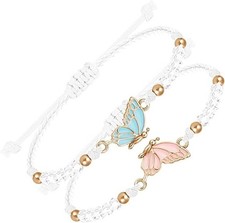 BFF Bracelets for 2-Butterfly Matching Bracelets Adjustable Strand White-Gold